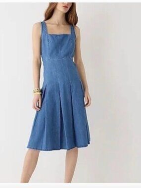 J Crew Pleated chambray dress Denim Blue Fit-and-Flare jean 4 drop waist